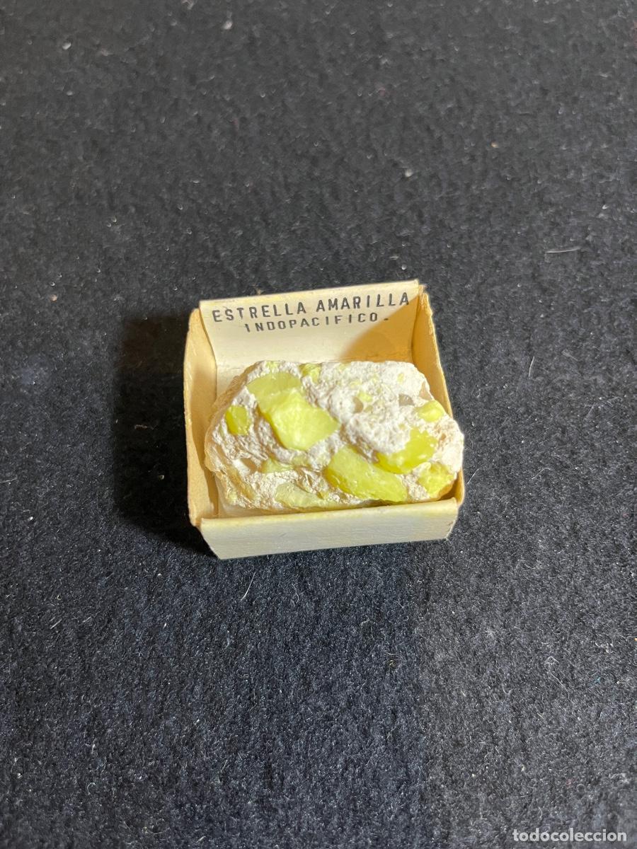 Sammlung von Mineralien: Azufre nativo mineral amarillo sobre matriz caja vintage colecci&oacute;n geolog&iacute;a