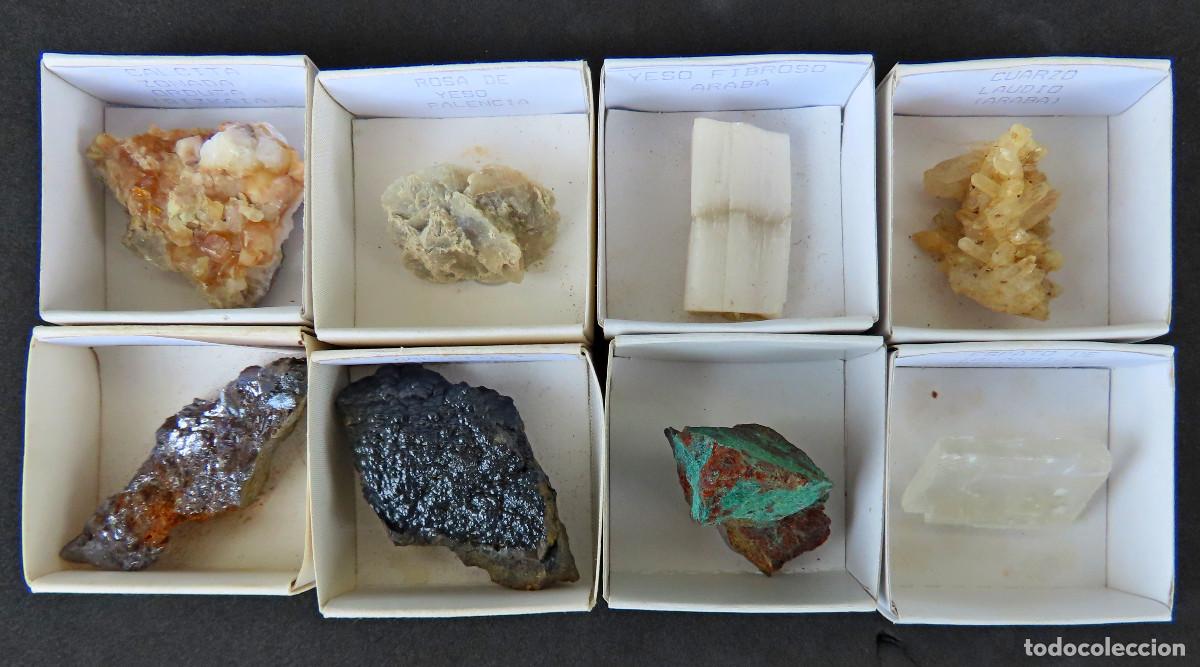 Coleccionismo de minerales: Lote 8 minerales espa&ntilde;oles cajitas 4X4 (Calcita, Cuarzo, Galena, Yeso, Goethita, Malaquita, Espato)