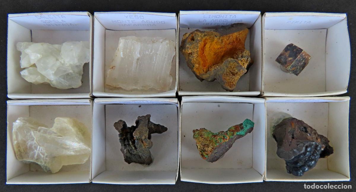 Coleccionismo de minerales: Lote 8 minerales espa&ntilde;oles cajitas 4X4 (Calcita, Pirita, Yeso fibroso, Laminar, Goethita, Malaquita)