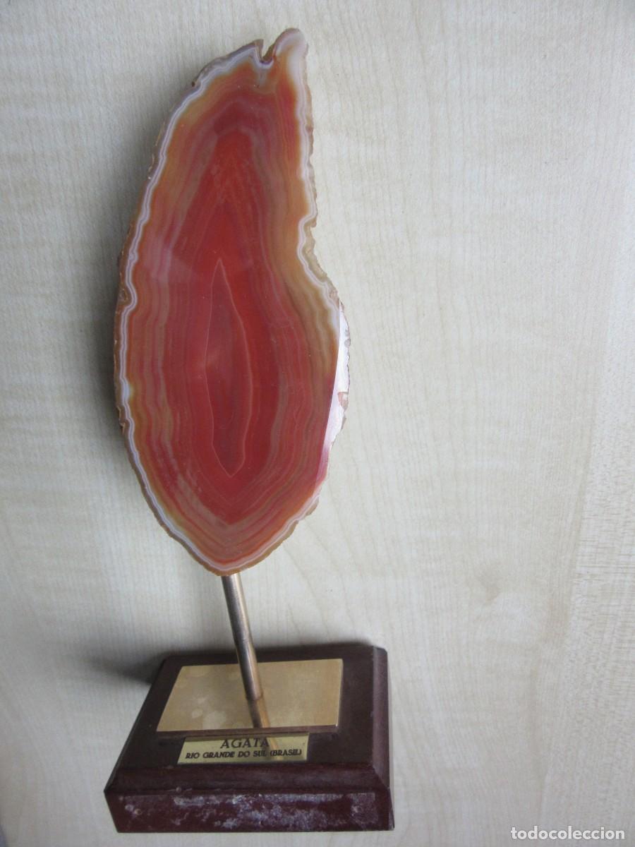 Coleccionismo de minerales: Bonita pieza de &aacute;gata con soporte madera Rio Grande do Sul Brasil Medidas &aacute;gata 14,5 x 6,5 x 2,1 cm