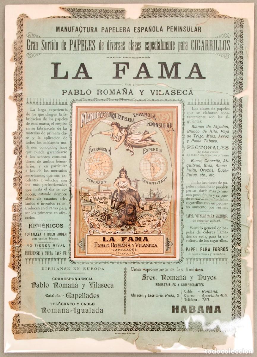 Papel de fumar: LA FAMA - PAPEL DE FUMAR - MANUFACTURA - CARTEL - C. 1890 - RAR&Iacute;SIMO