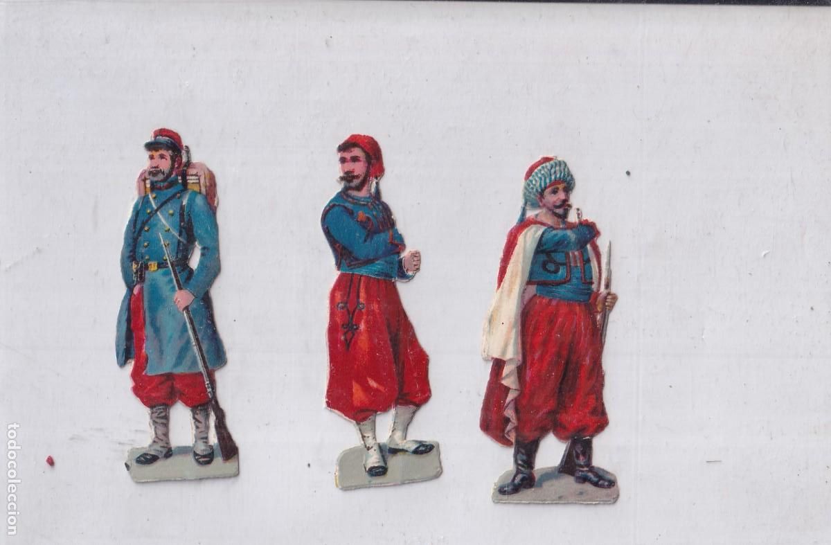 Papel de fumar: Lote de tres cromos militares, guarda mora. Unos 6 x 1,50 cm cada uno