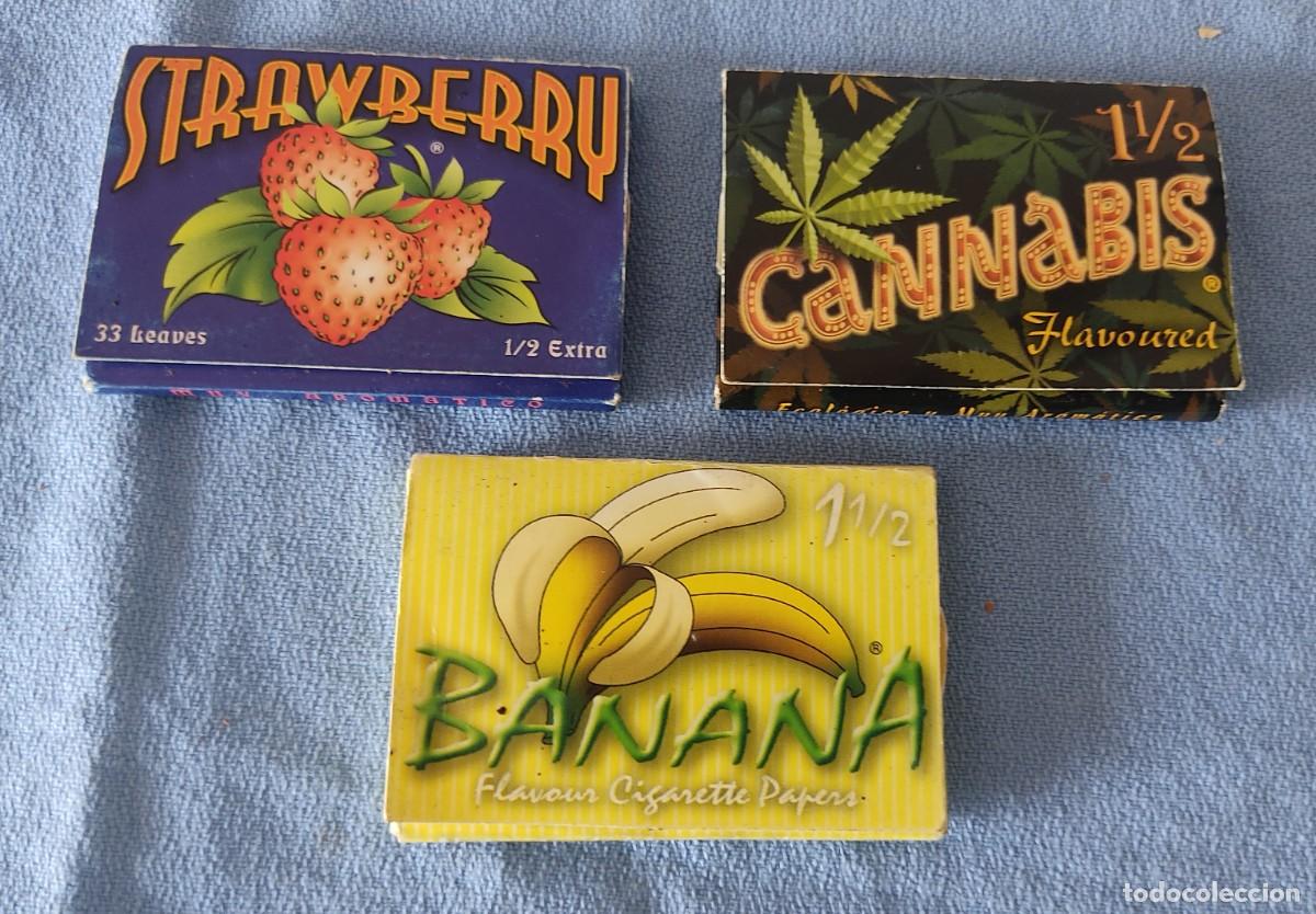Papel de fumar: 3 CAJETILLAS ANTIGUAS DE PAPEL DE FUMAR TABACO STRAWBERRY CANNABIS Y BANANA
