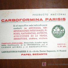 Coleccionismo Papel secante: SECANTE CARBOFORMINA PARISIS. LABORATORIOS PARISIS (MADRID).
