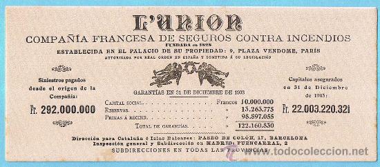 PAPEL SECANTE L'UNION. COMPAÑIA FRANCESA DE SEGUROS CONTRA INCENDIOS. ANTERIOR A 1905. (Coleccionismo - Papel Secante)
