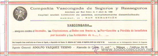 Coleccionismo papel secante: PAPEL SECANTE PUBLICITARIO COMPA&Ntilde;&Iacute;A VASCONGADA DE SEGUROS Y REASEGUROS - PASECA-045 - Foto 1