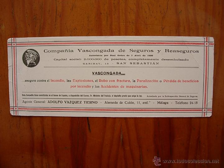 Coleccionismo papel secante: PAPEL SECANTE COMPA&Ntilde;IA VASCONGADA DE SEGUROS Y REASEGUROS MALAGA ADOLFO VAZQUEZ TIERNO - Foto 1