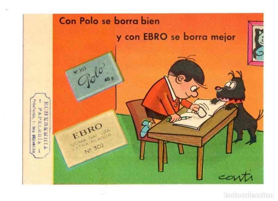 Coleccionismo Papel secante: PAPEL SECANTE PUBLICITARIO GOMAS EBRO Y POLO. ILUSTRADA POR CONTI. C. 1950