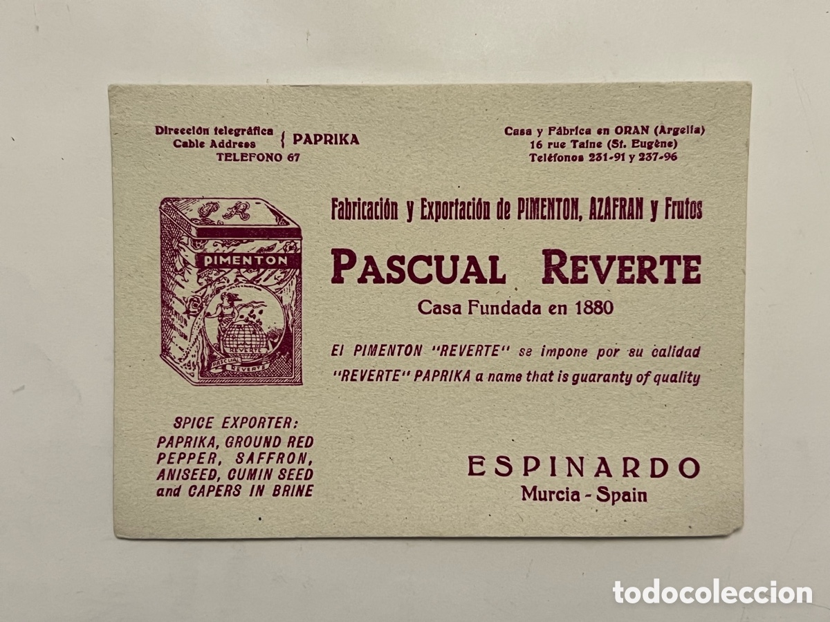Sammeln von L&ouml;schpapier: FABRICA DE PIMENTON AZAFRAN Y FRUTOS PASCUAL REVERTE ESPINARDO MURCIA PAPEL SECANTE