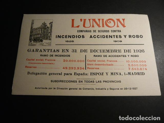 Collectable Blotting Paper: L&Uacute;NION COMPA&Ntilde;IA DE SEGUROS CONTRA INCENDIOS ACCIDENTES Y ROBO PAPEL SECANTE 15,5 X 24,5 CM