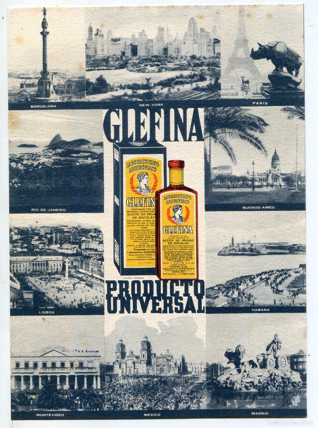 Coleccionismo papel secante: Glefina, de Laboratorios Andr&oacute;maco, secante de 1934, farmacia