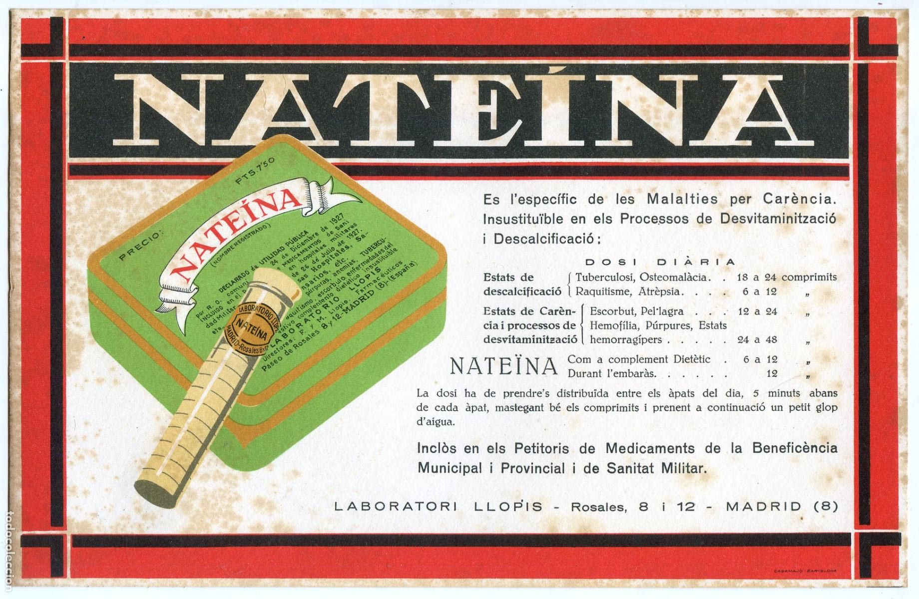 Coleccionismo papel secante: Nate&iacute;na, Laboratorio Llopis, secante de 1934, farmacia