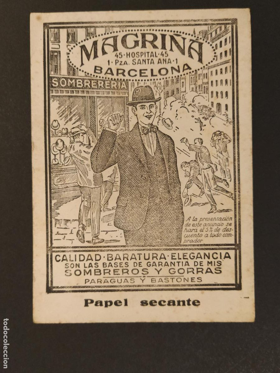 Coleccionismo papel secante: MAGRI&Ntilde;A - SOMBREROS GORRAS PARAGUAS BASTONES - BARCELONA - PUBLICIDAD - PAPEL SECANTE -(K-16.033)
