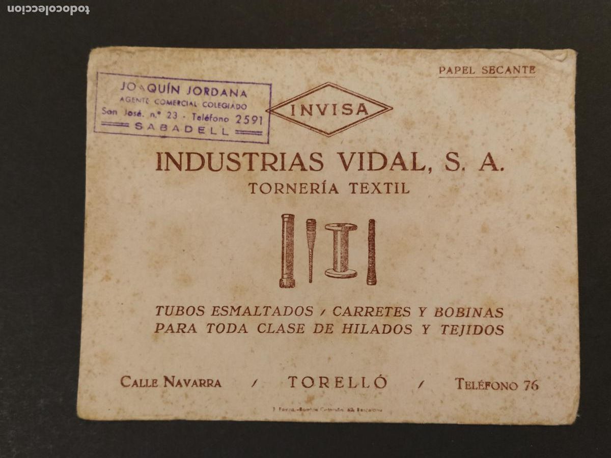 Coleccionismo papel secante: INVISA INDUSTRIAS VIDAL SA TORNERIA TEXTIL - TORELLO - PAPEL SECANTE -(K-16.078)