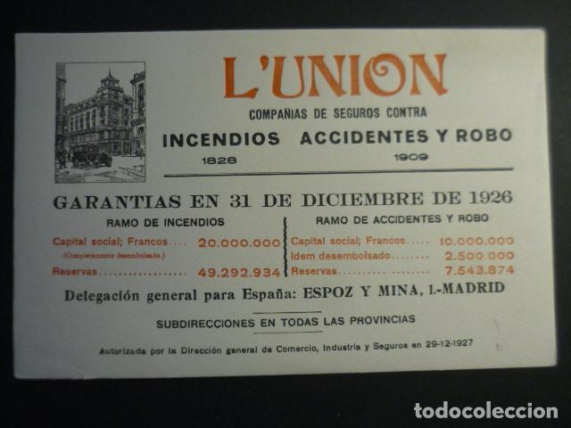 Coleccionismo papel secante: L&acute;UNION COMPA&Ntilde;IA DE SEGUROS CONTRA INCENDIOS ACCIDENTES Y ROBO PAPEL SECANTE 15,5 X 24,5 CM