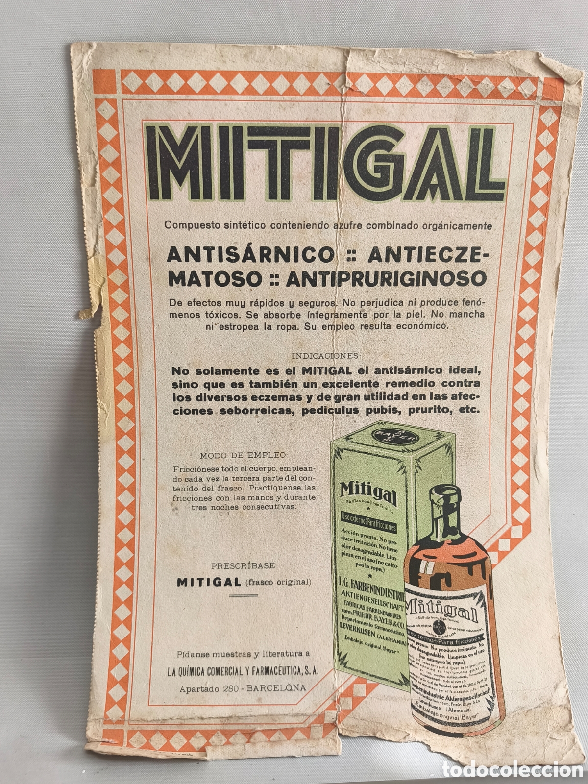 Coleccionismo papel secante: MITIGAL. ANTIGUO CARTEL PUBICITARIO. ANTIS&Aacute;RNICO. LA QU&Iacute;MICA COMERCIAL Y FARMAC&Eacute;UTICA