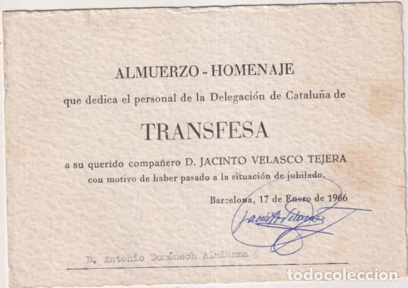 Coleccionismo papel secante: Secante (15,5x10,5 c.) Almuerzo Homenaje que la delegaci&oacute;n de Catalu&ntilde;a de Transfesa dedica a D. Jaci