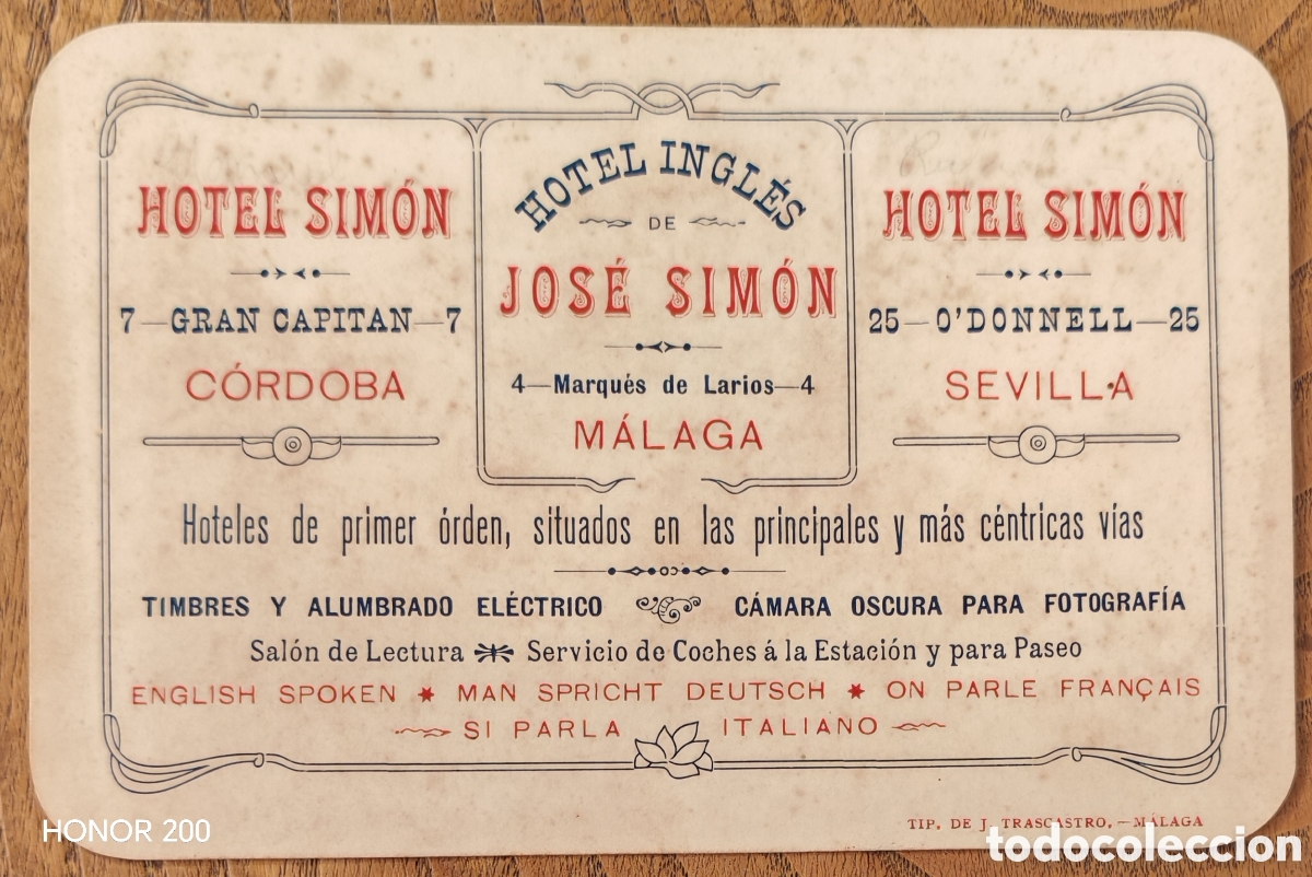 Coleccionismo papel secante: Secante Publicitario - Hotel Ingl&eacute;s Jos&eacute; Sim&oacute;n - C&oacute;rdoba, M&aacute;laga y Sevilla Ppios S.XX.