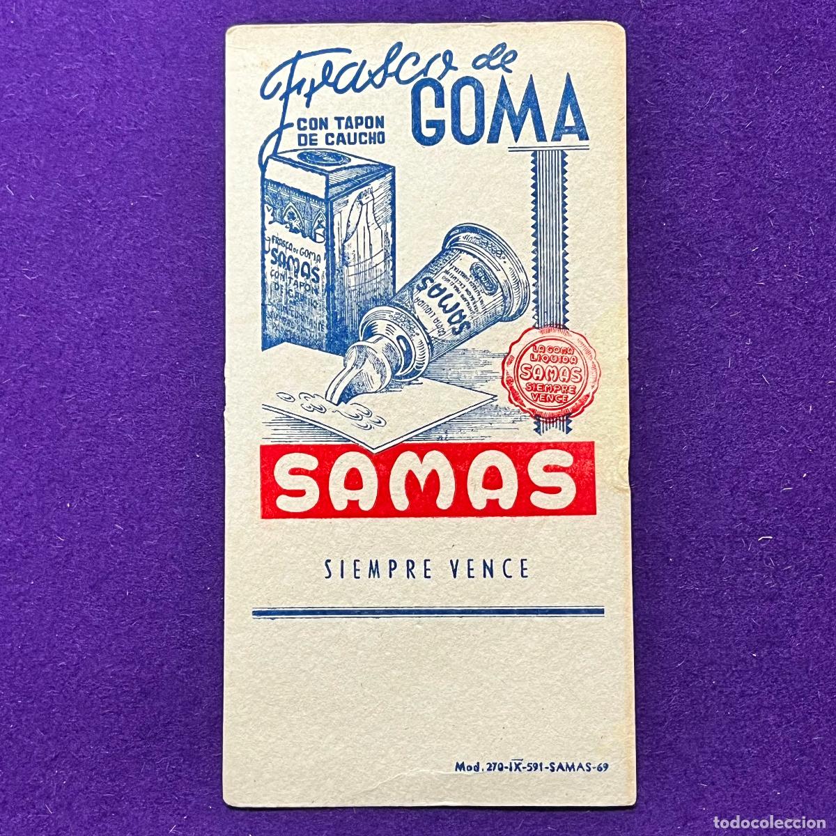 Coleccionismo papel secante: ANTIGUO PAPEL SECANTE PUBLICITARIO. SAMAS. FRASCO DE GOMA.
