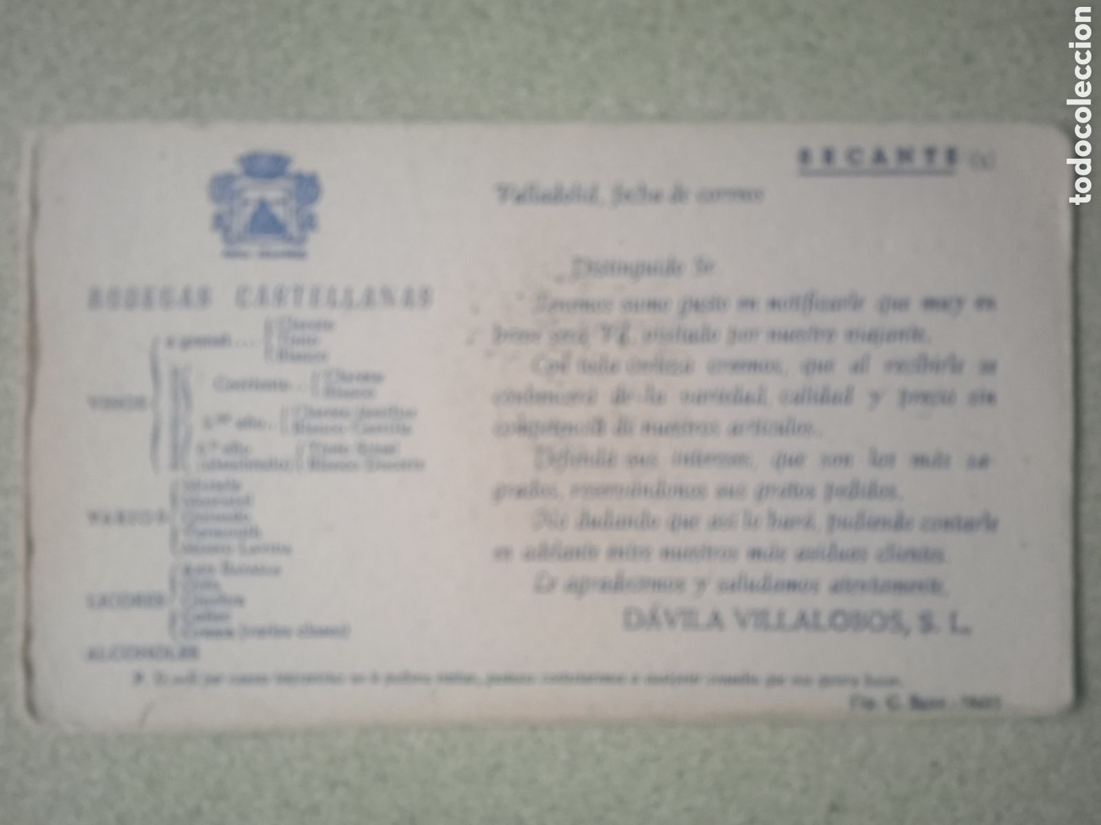 Colecionismo Mata-borr&atilde;o: PAPEL SECANTE BODEGAS CASTELLANAS VALLADOLID 1945