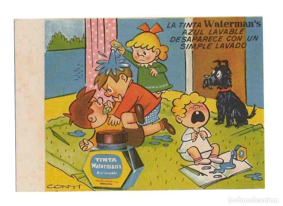 Sammeln von L&ouml;schpapier: PAPEL SECANTE PUBLICITARIO TINTA WATERMAN. ILUSTRADA POR CARLOS CONTI. C. 1950