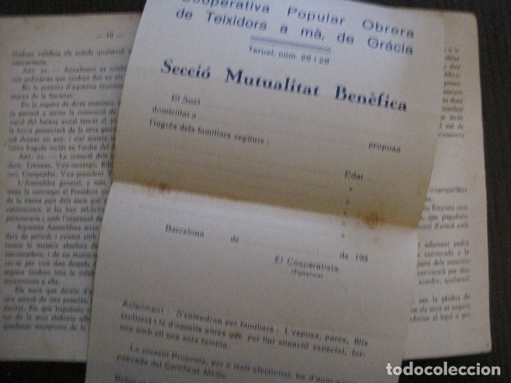Coleccionismo Papel Varios: BARCELONA- ESTATUTS DE LA SOCIETAT COOPERATIVA OBRERA TEIXIDORS A MA -ANY 1936 -VER FOTOS-(V-13.719) - Foto 5 - 114276383
