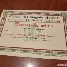 Coleccionismo Papel Varios: DIPLOMA ESCOLAR MENCION HONORIFICA COLEGIO LA SAGRADA FAMILIA MARISTAS CARTAGENA MURCIA. Lote 363634020