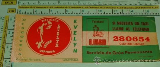 Sammlung von Aufklebern: PEGATINA. DISCOTECA EVELYN DE GRANADA Y TELETAXI ALHAMBRA. A&Ntilde;OS 80.