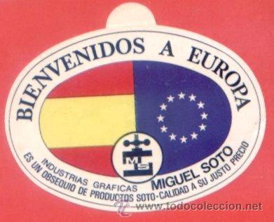 Autocolantes de cole&ccedil;&atilde;o: PEGATINA ADHESIVO BANDERA ESPA&Ntilde;A Y UNION EUROPEA. GRAFICAS MIGUEL SOTO. APROX. 9 X 7 CM. A&Ntilde;OS 80-90.
