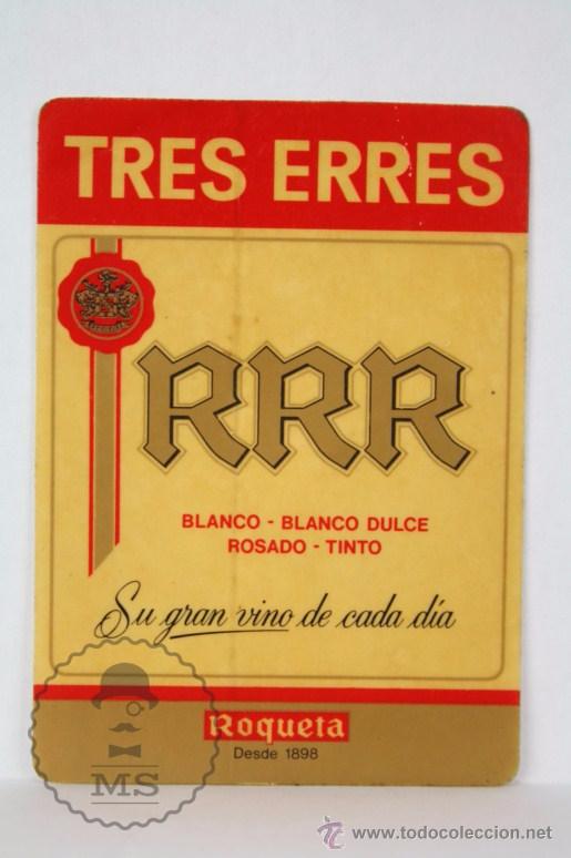 Pegatinas de colecci&oacute;n: Adhesivo / Pegatina Publicitaria - Tres Erres / RRR - Vino - Roqueta - 9,5 x 7 Cm