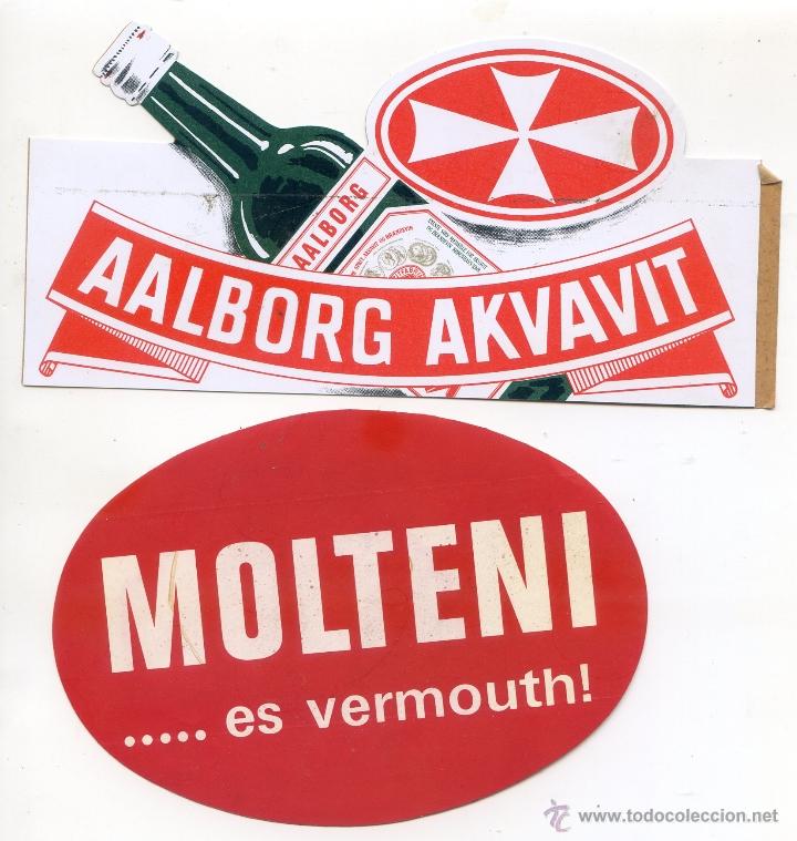 Pegatinas de colecci&oacute;n: Dos pegatinas de Aalborg Akvavit y Vermouth Molteni 16x8 y 13x9