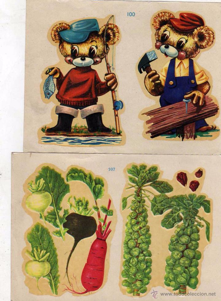Pegatinas de colecci&oacute;n: Calcamonias Chaveli. Bilbao. Lote de 2 planchas de temas infantiles. Ositos oficios y legumbres