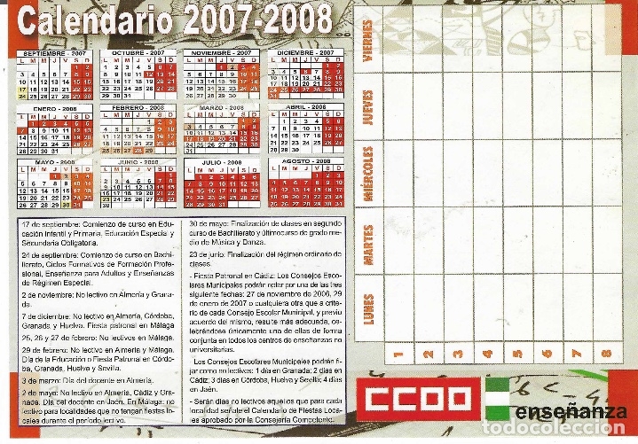 Pegatinas de colecci&oacute;n: CC.OO. ENSE&Ntilde;ANZA ANDALUC&Iacute;A, CALENDARIO ESCOLAR 2007/08, GRANDE