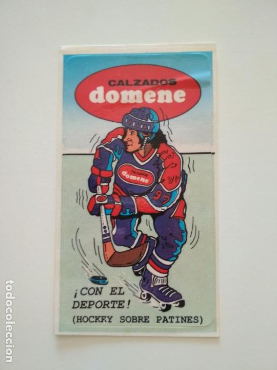 Pegatinas de colecci&oacute;n: CURIOSA PEGATINA PUBLICITARIA CALZADOS DOMENE HOCKEY PATINES (CON INDUMENTARIA Y STICK DE H. HIELO)