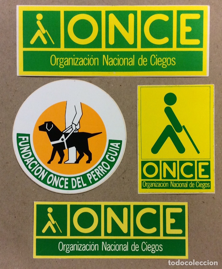 Autocollants de collection: ONCE, ORGANIZACI&Oacute;N NACIONAL DE CIEGOS. LOTE DE 4 PEGATINAS PUBLICITARIAS. NUEVAS, SIN USO