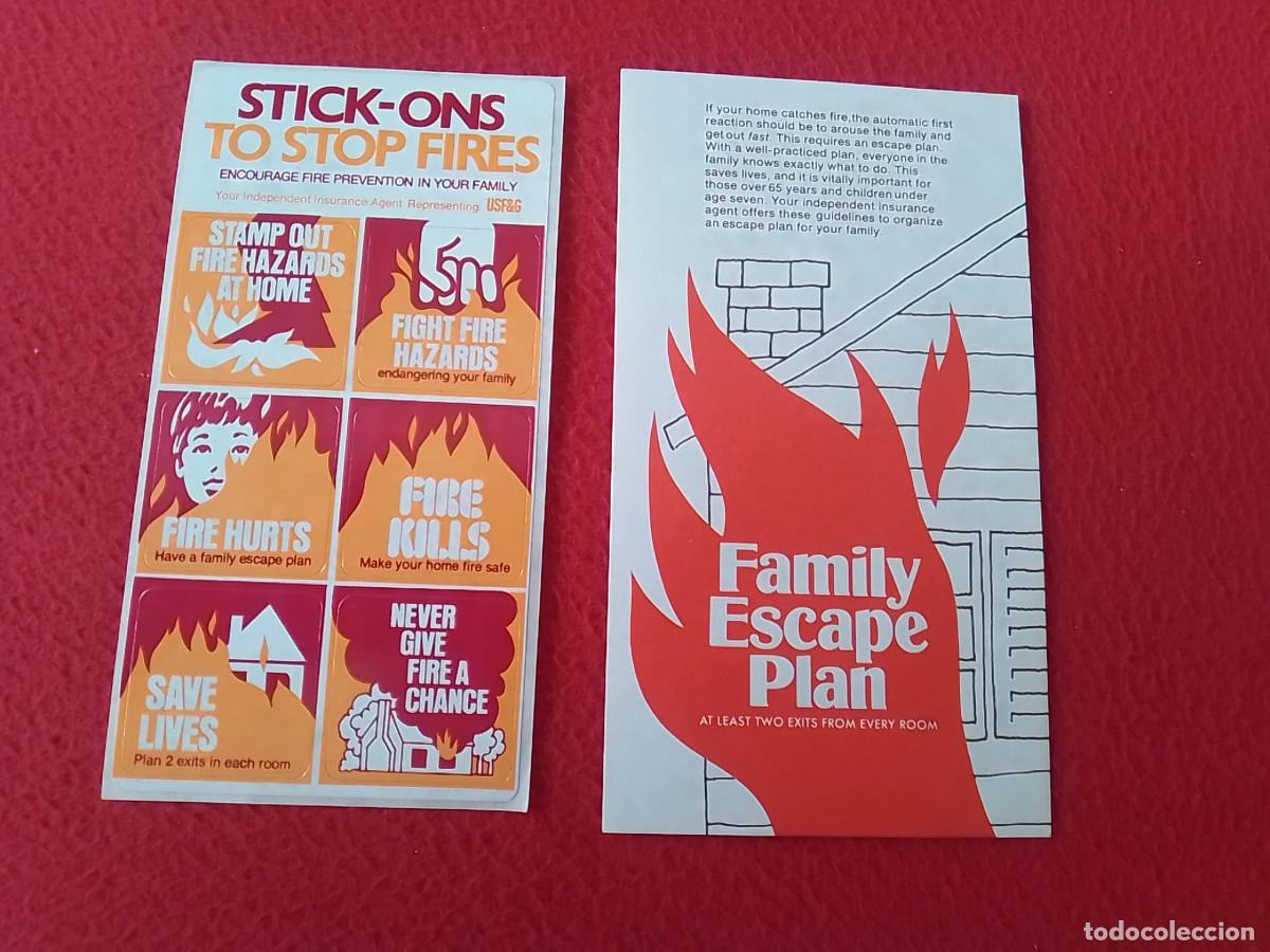 Pegatinas de colecci&oacute;n: ANTIGUA HOJA AVISO FAMILY ESCAPE PLAN FUEGO FIRE Y SET DE PEGATINAS STICK-ONS TO STOP FIRES...USA ?.