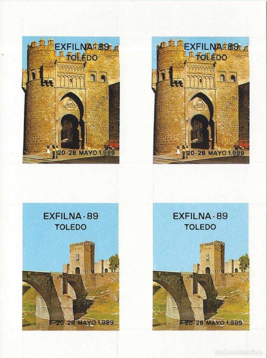 Pegatinas de colecci&oacute;n: HOJA PEGATINAS EXFILNA'89 TOLEDO. FILATELIA. PUERTA DEL SOL Y PUENTE DE ALC&Aacute;NTARA.