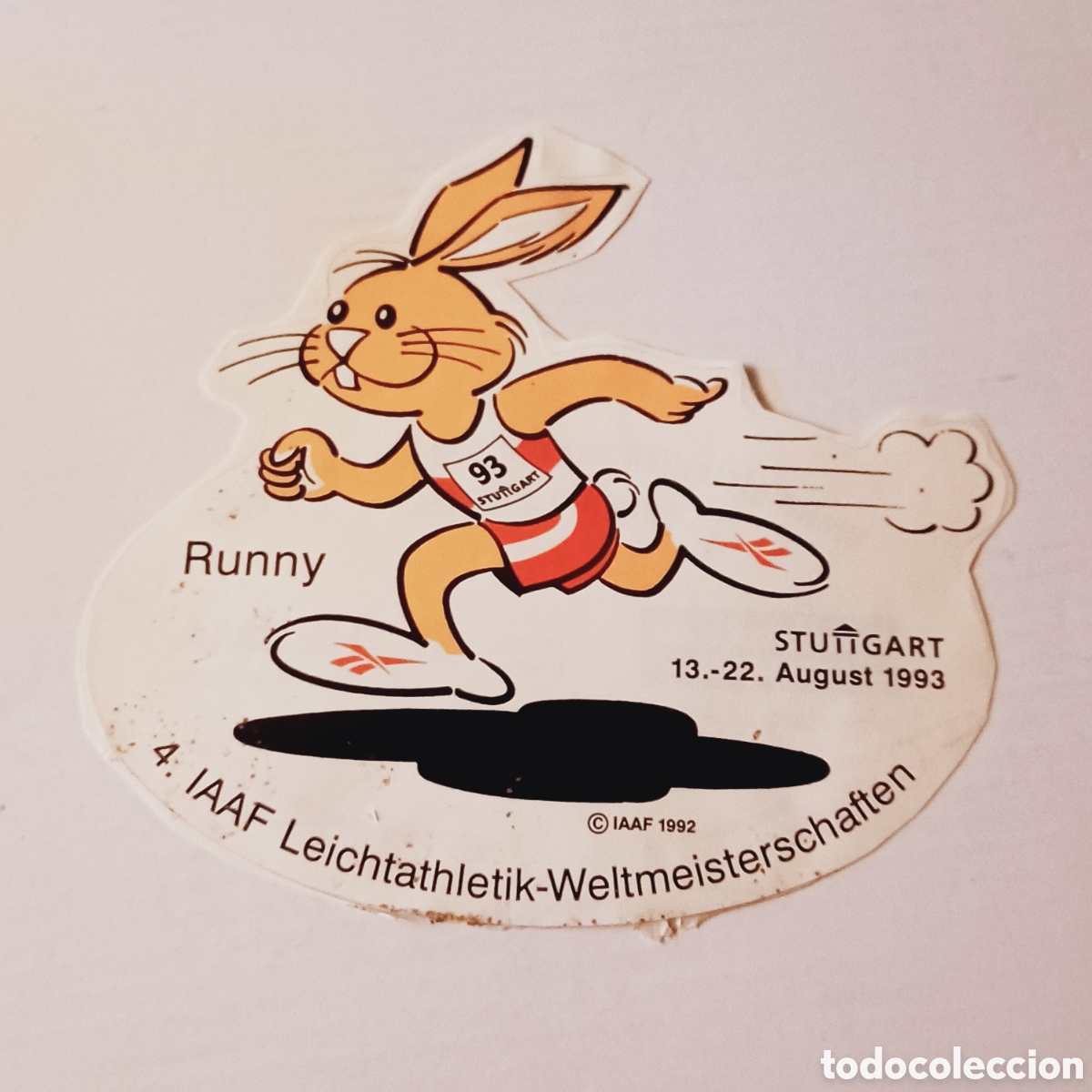 Pegatinas de colecci&oacute;n: Pegatina Adhesivo a&ntilde;o 1993 j8egos IAAF Alemania Stutgart mascota runnu 15x13 cm