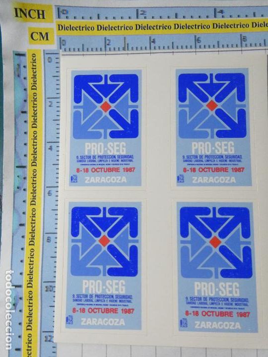 Autocollants de collection: 4 PEGATINAS DE ZARAGOZA. A&Ntilde;O 1987 PRO SEG SECTOR PROTECCI&Oacute;N SEGURIDAD SANIDAD HIGIENE INDUSTRIAL. 34