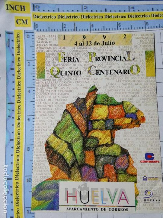 Autocollants de collection: PEGATINA FERIA PROVINCIAL V CENTENARIO 1992 HUELVA APARCAMIENTO CORREOS 109