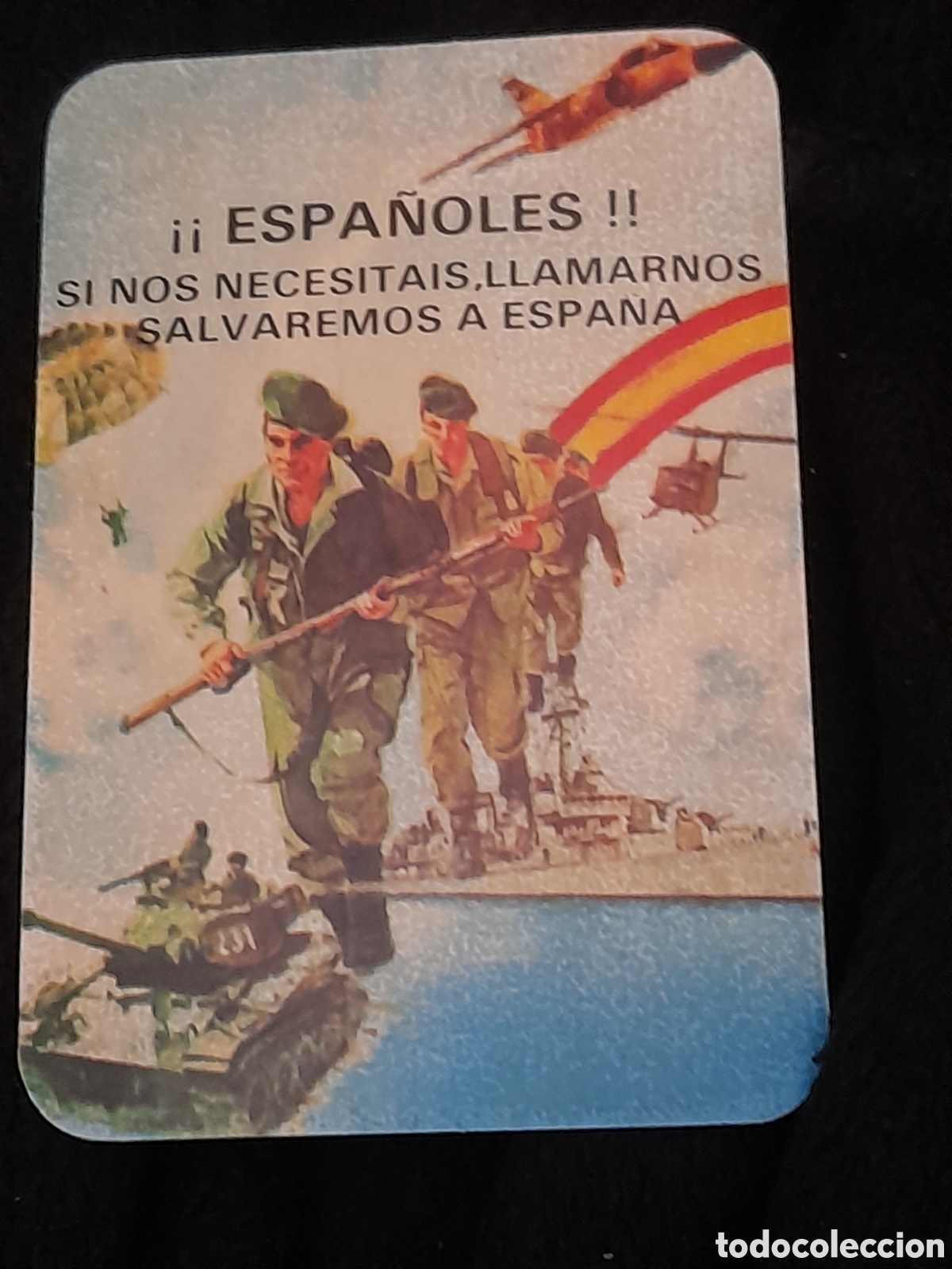 Autocollants de collection: Antigua pegatina, Espa&ntilde;oles, si nos necesitais llamarnos, Salvaremos a Espa&ntilde;a, mide 11x7,5cm