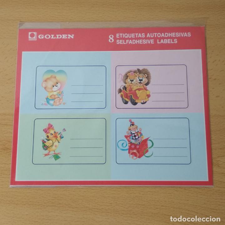Pegatinas de colecci&oacute;n: 8 etiquetas autoadhesivas colegio. Osito coraz&oacute;n, pareja leones, patita, arlequ&iacute;n. Marca Golden.