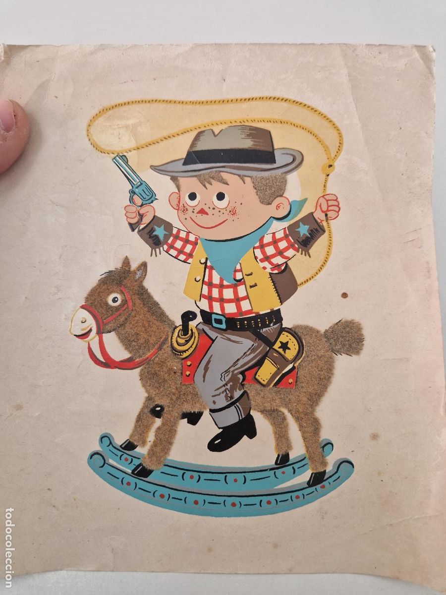 Pegatinas de colecci&oacute;n: ANTIGUA PEGATINA ADHESIVO INFANTIL VAQUERO NI&Ntilde;O EN BALANCIN CABALLITO CON FIELTRO