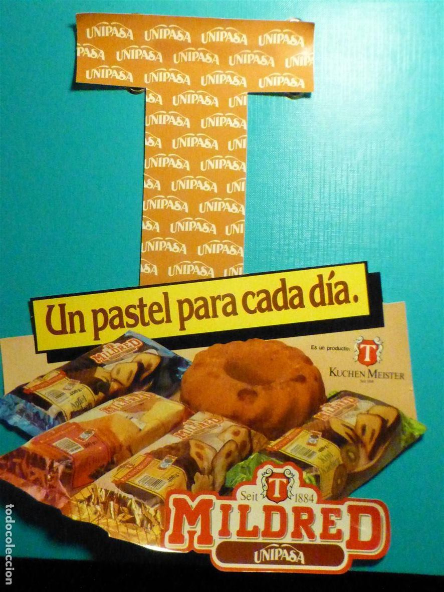 Pegatinas de colecci&oacute;n: Pegatina Adhesiva Tiendas Alimentaci&oacute;n A&ntilde;os 80&acute;s - Pastelitos Mildred Unipasa - 22 x 27 cm