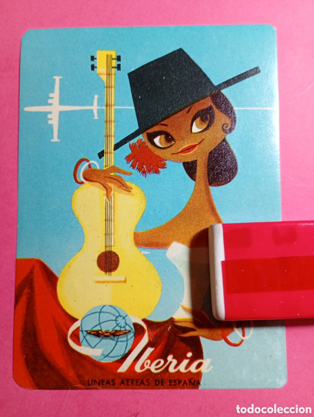 Pegatinas de colecci&oacute;n: ANTIGUA PEGATINA DE MALETA IBERIA LINEAS A&Eacute;REAS DE ESPA&Ntilde;A FLAMENCA CON GUITARRA Y CUATRIMOTOR