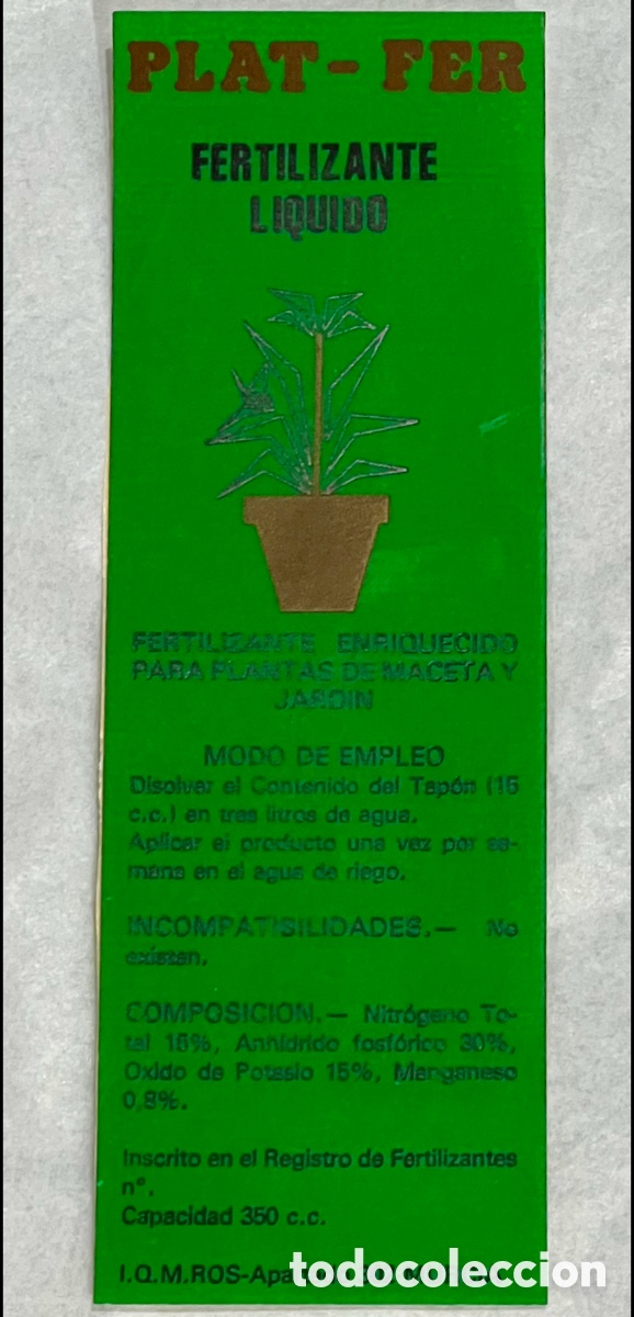 Pegatinas de colecci&oacute;n: Pegatina. PLAT - FER. Fertilizante l&iacute;quido. Murcia. A&ntilde;os 70.