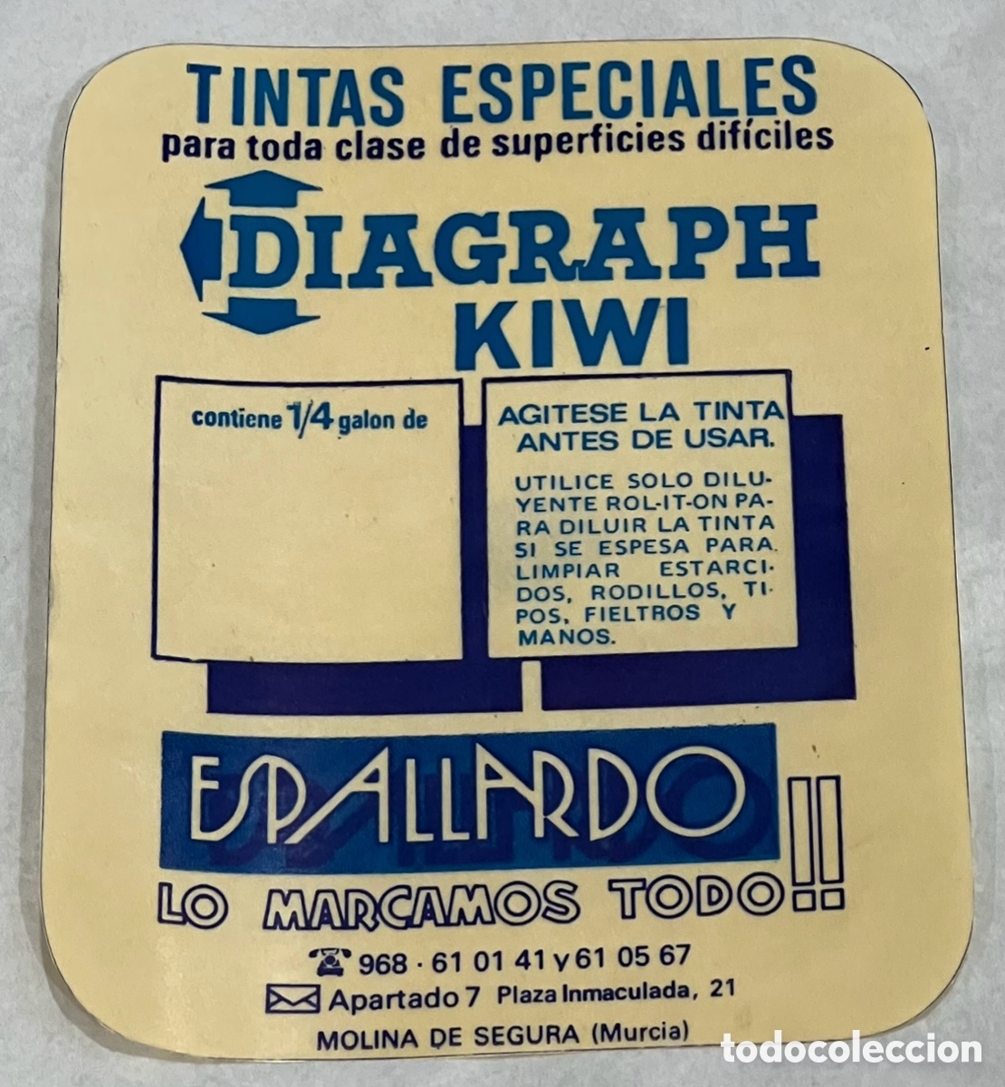Pegatinas de colecci&oacute;n: Pegatina. Tintas Especiales. ESPALLARDO. Molina de Segura. Murcia. A&ntilde;os 70.