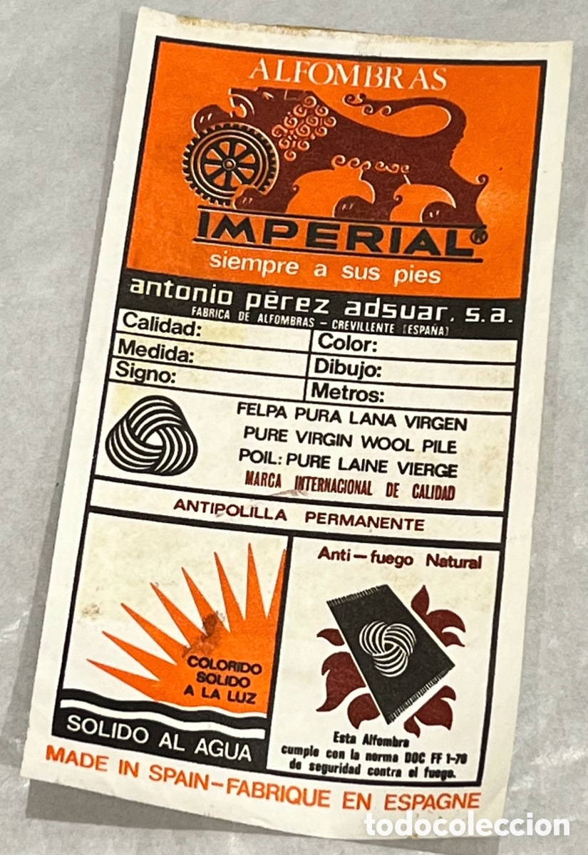 Pegatinas de colecci&oacute;n: Pegatina. Alfombras Imperial. Crevillente. Alicante. A&ntilde;os 80.
