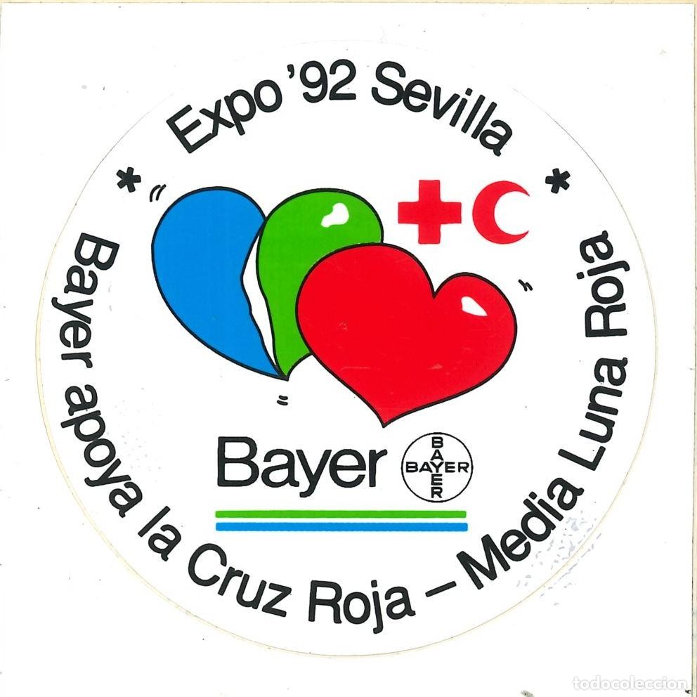 Pegatinas de colecci&oacute;n: PEGATINA - ADHESIVO - EXPO 92 SEVILLA - 1992 - BAYER APOYA LA CRUZ ROJA - MEDIA LUNA ROJA