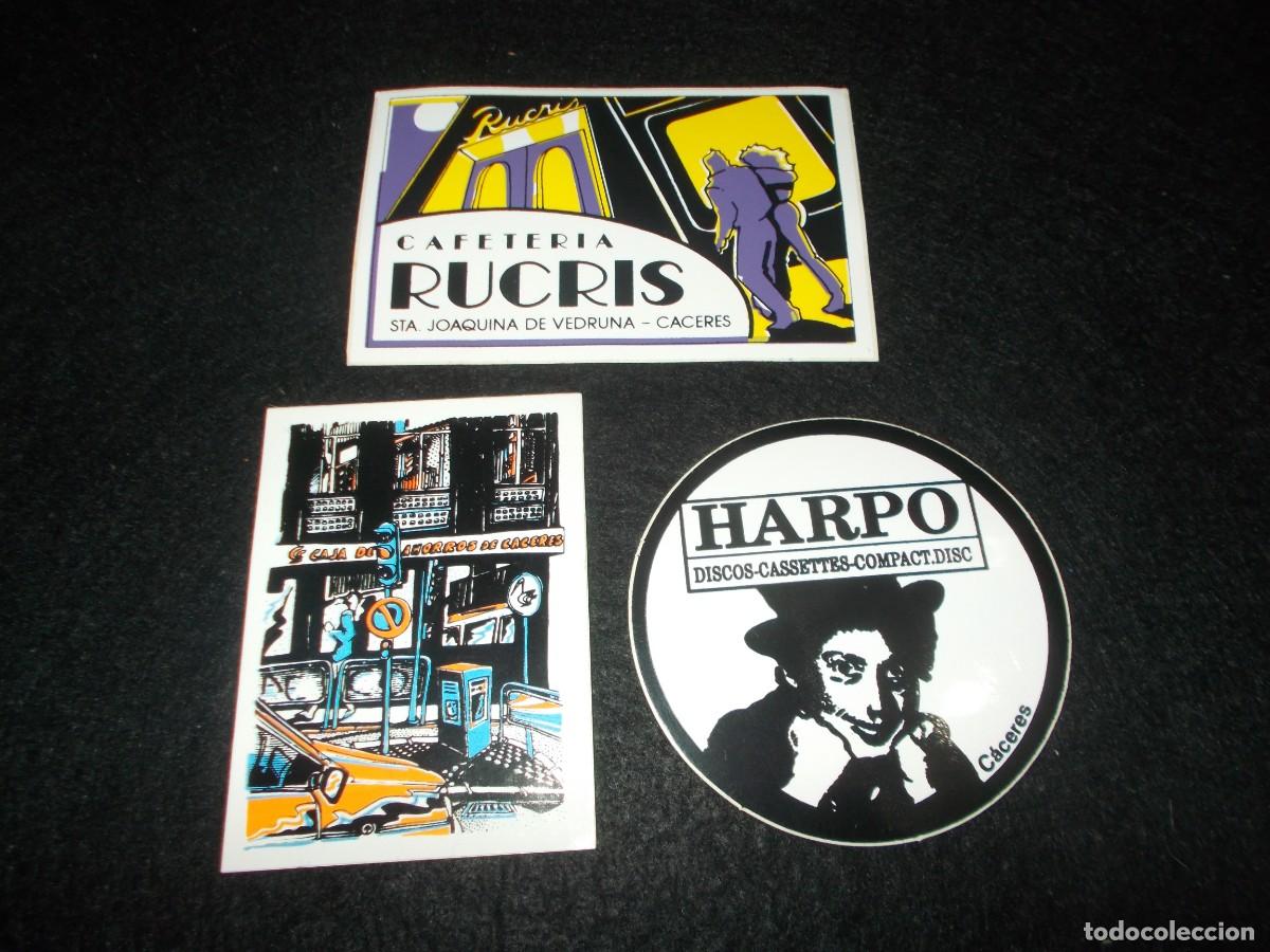 Pegatinas de colecci&oacute;n: Lote 3 PEGATINA C&Aacute;CERES, Antiguas M&iacute;ticas: Discos HARPO, Cafeter&iacute;a RUCRIS, Caja de Ahorros Pegatinas